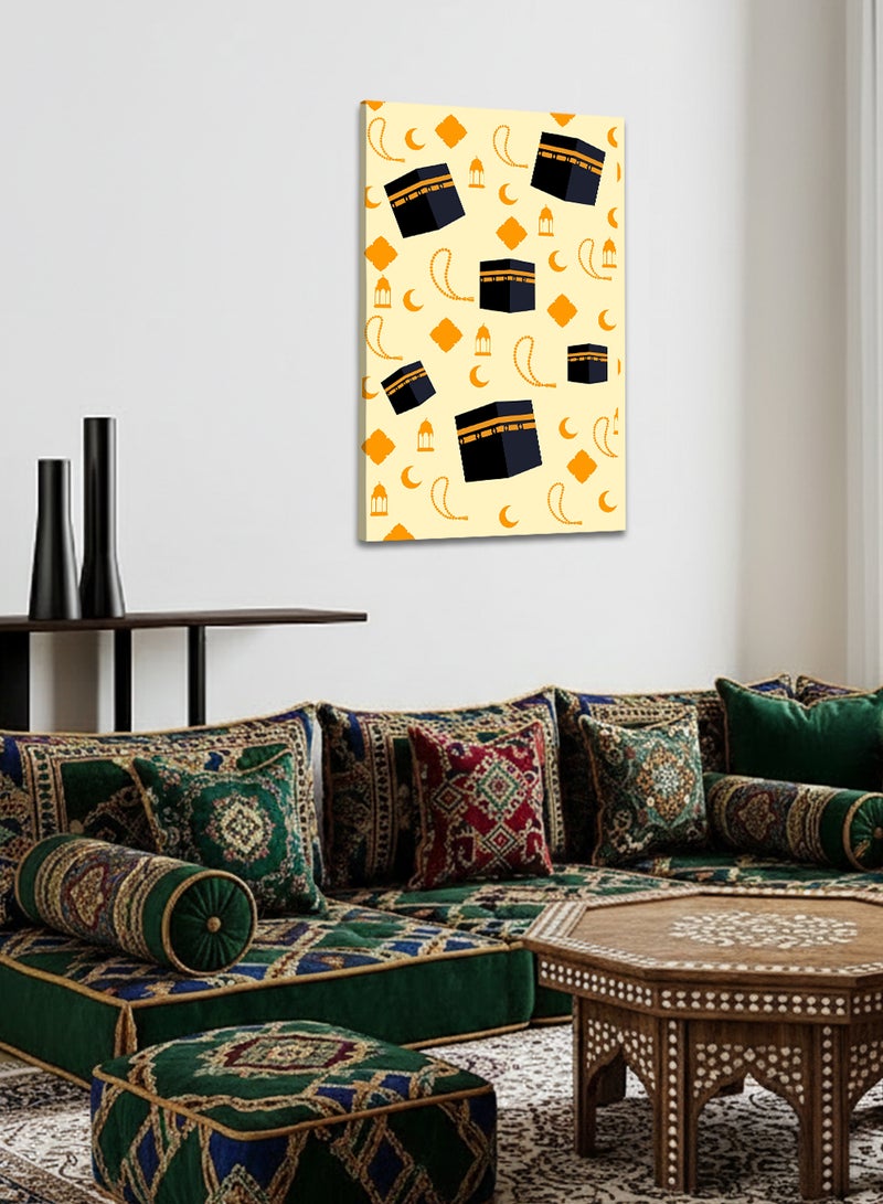 لوحة كانفاس على إطار خشبي بتصميم نمط الكعبة المشرفة وفانوس وهلال رمضان - Image 3